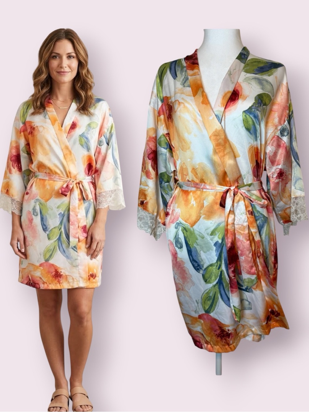 Linea Donatella Lindsey Garden Kimono Short Satin Robe Small Medium with Belt